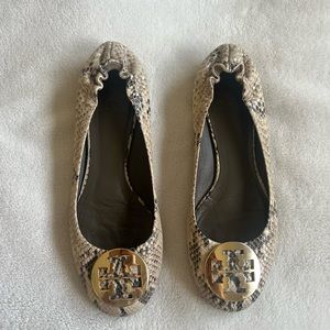Tory Burch Snake Print Flats with Gold Logo